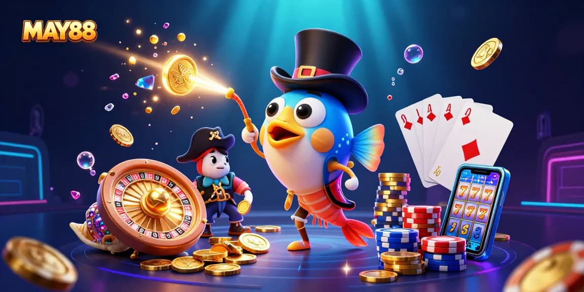 MAY88 casino characters like anglerfish and pirate shrimp attract wealth and fun in an exciting game scene.