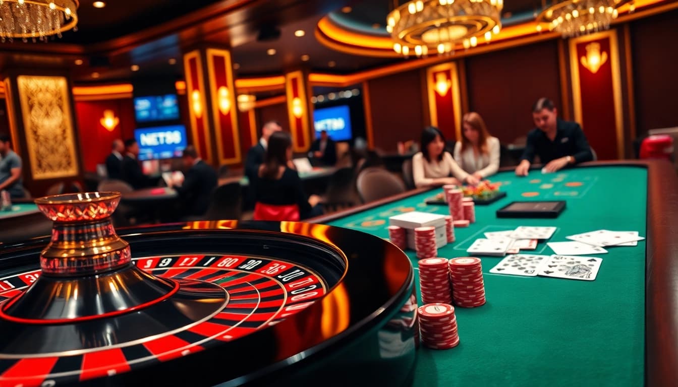 Experience excitement with NET88 at a vibrant casino featuring roulette, poker, and betting.