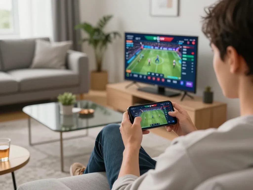 Player engaging in live sports betting with BJ88 app on smartphone, showcasing lively betting odds and a modern home setting.