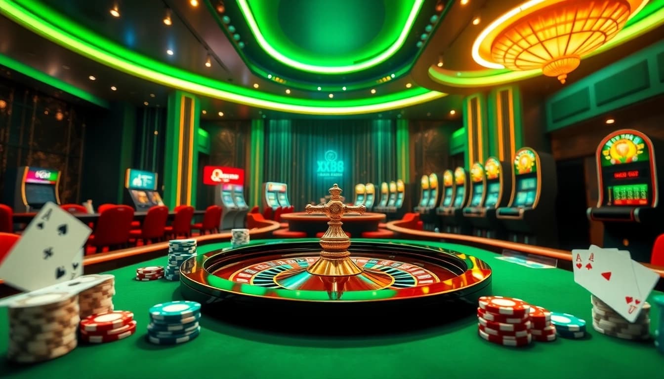 Experience an engaging gambling atmosphere at https://xx88.promo/ with vibrant casino elements like roulette, cards, and chips.