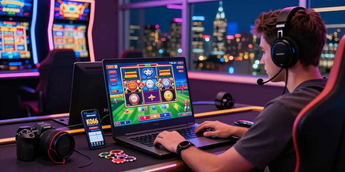Engaged player enjoying a thrilling online casino game at KO66 with vibrant graphics and live dealer.