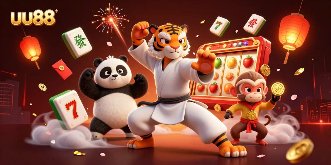 Play thrilling games at uu88 with a kung fu master, panda, and monkey in a vibrant casino setting.