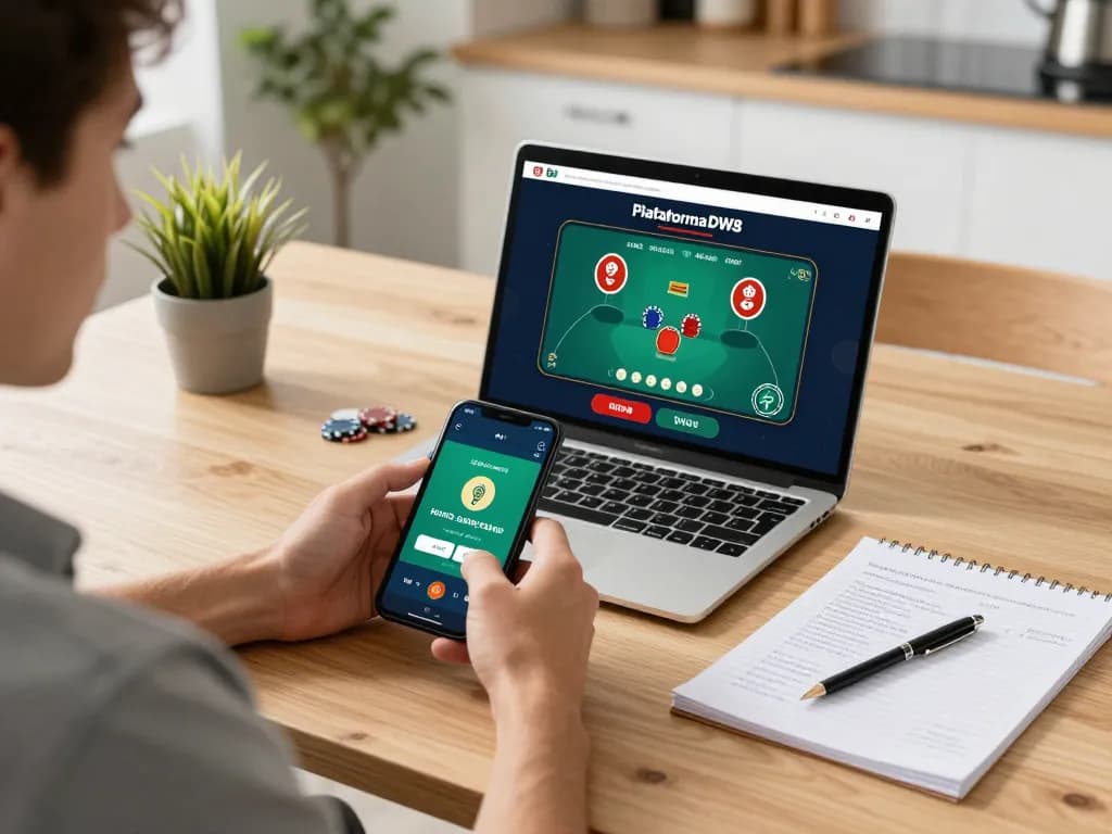 Engaging moment using Plataforma DW8 app for responsible online gambling on a smartphone.