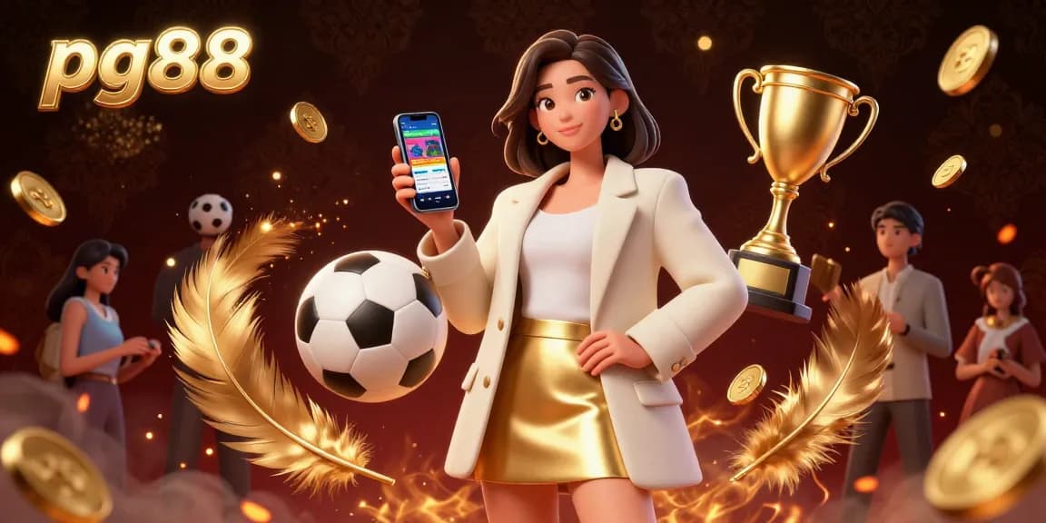 Engage with pg88 sports betting strategies, featuring a woman using a mobile app in a vibrant 3D casino scene.