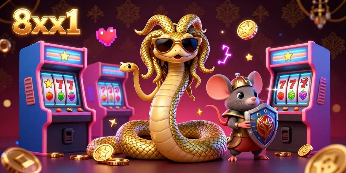 Play thrilling casino games like slots with 8xx1 featuring Medusa and a warrior mouse in a vibrant, dynamic scene.