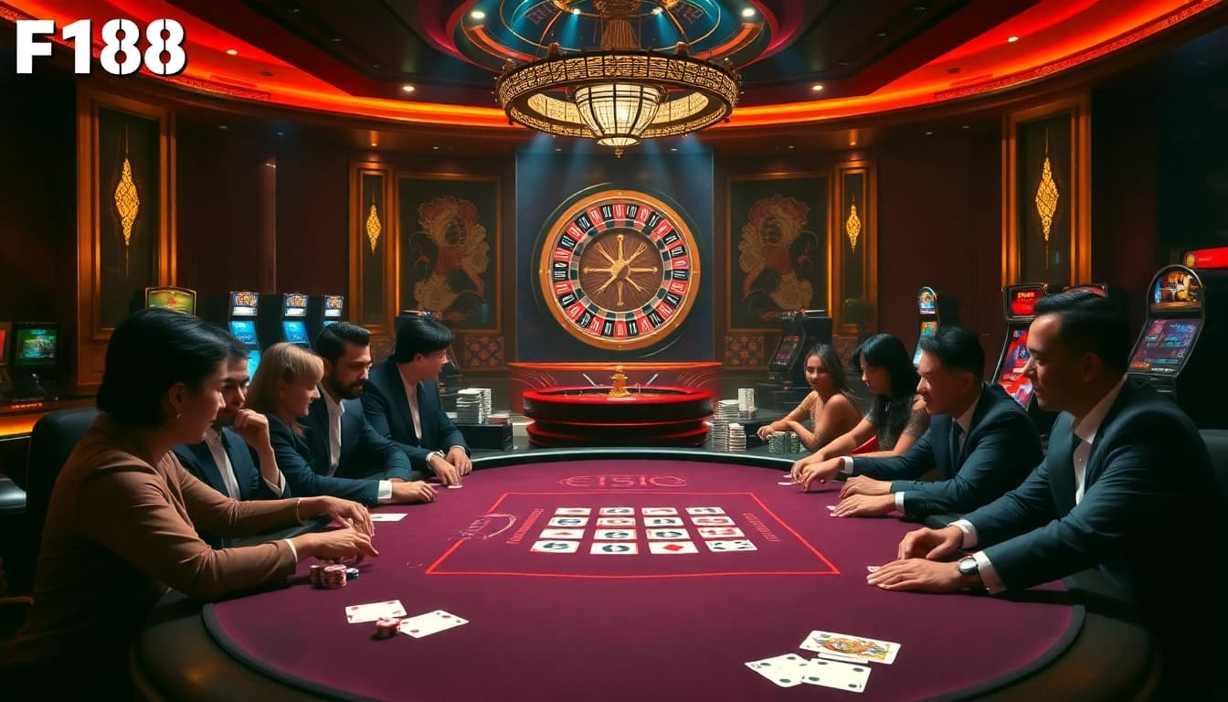 Experience high-stakes action at F168's premium casino, featuring poker tables and roulette wheels.
