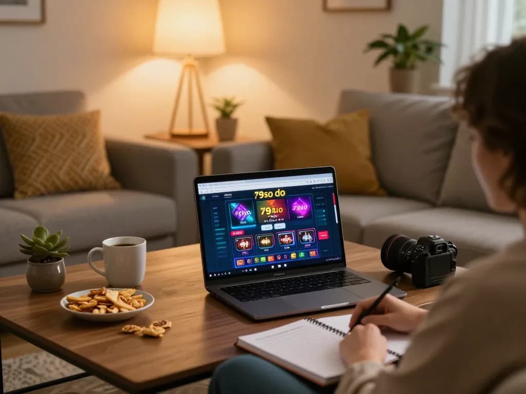 Engaged player enjoying 79so do online casino on a cozy sofa with betting strategy notes.