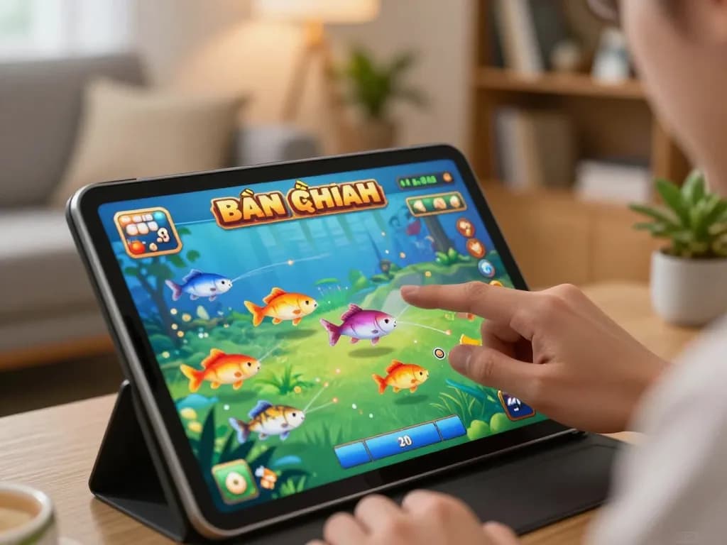 bắn cá đổi thưởng gameplay on a tablet in a cozy living room