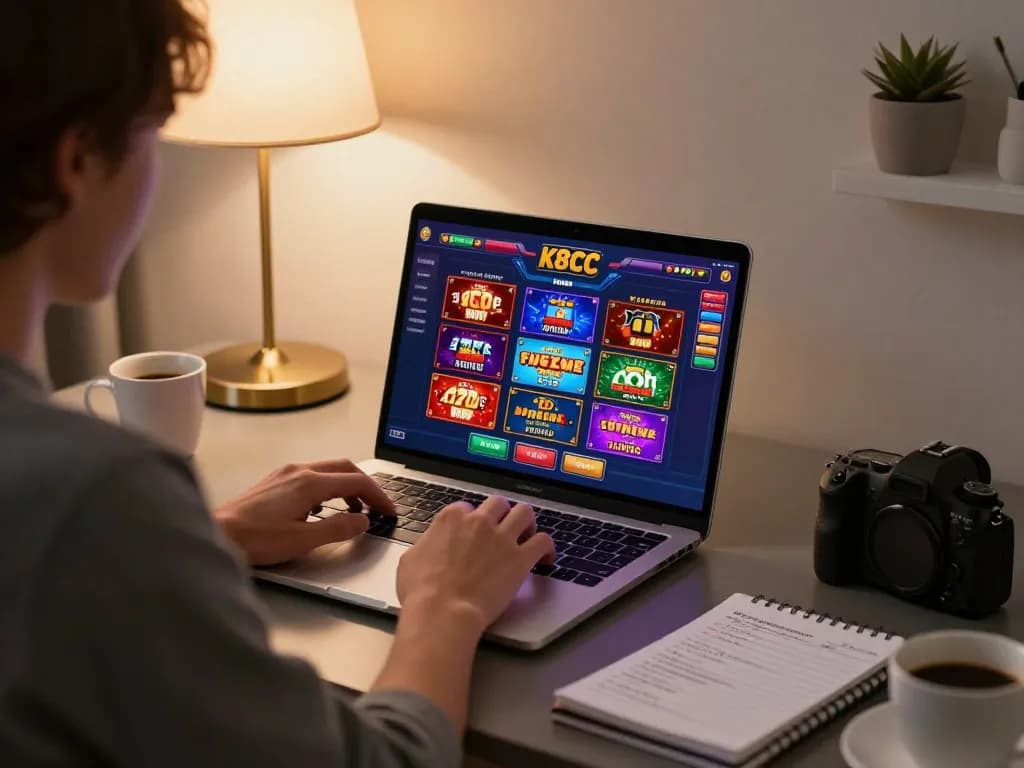 Player enjoying K8CC online casino gaming with laptop and strategy notes