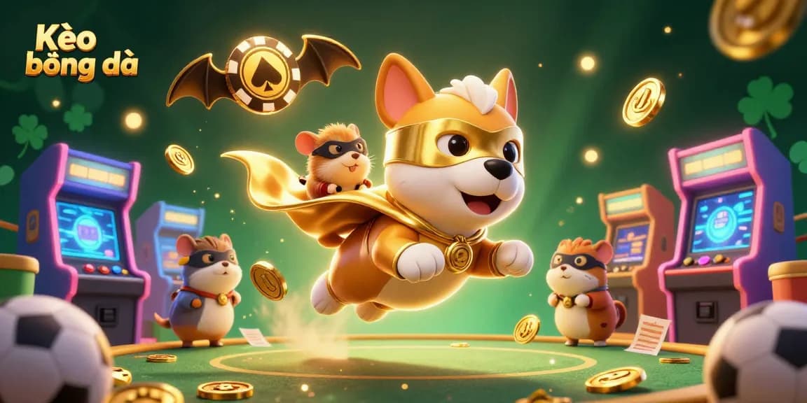 Kèo bóng đá showcases a superhero dog and sidekick hamster amidst sports betting elements and vibrant visuals.
