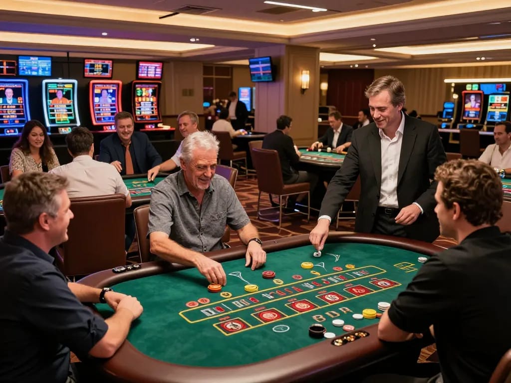 Excited players enjoying their bets at SHBET casino tables, showcasing vibrant gambling atmosphere.