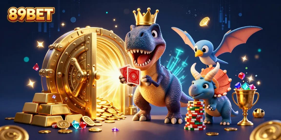 Experience thrilling fun at 89BET with friendly T-Rex card shuffling alongside a baby triceratops stacking chips.