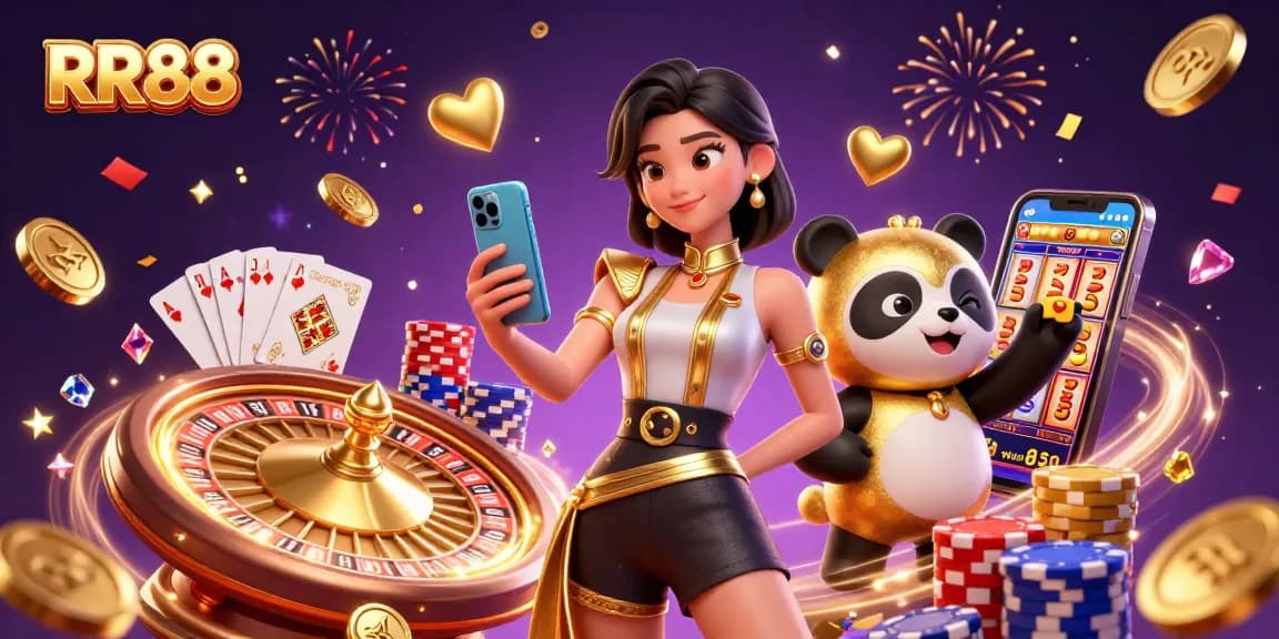 Experience the thrill of RR88 with vibrant 3D illustration showcasing winning casino games and celebrations.