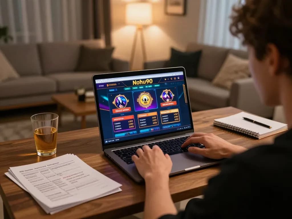 Nohu90 online gaming session at home featuring vibrant interface and strategy notes.