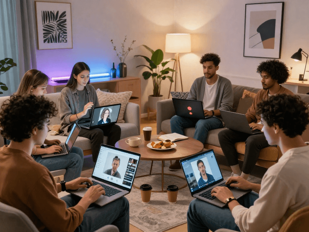 AI chat porn discussion in a vibrant virtual space with diverse individuals connecting online.