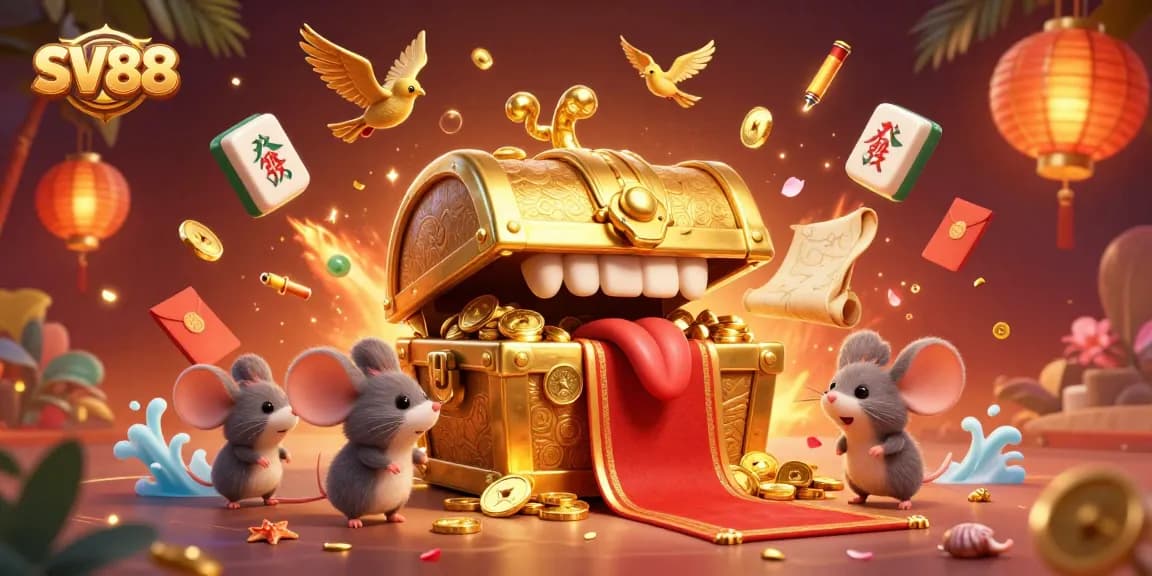 Experience exciting winnings at SV88 with a vibrant 3D treasure chest illustration and casino elements.
