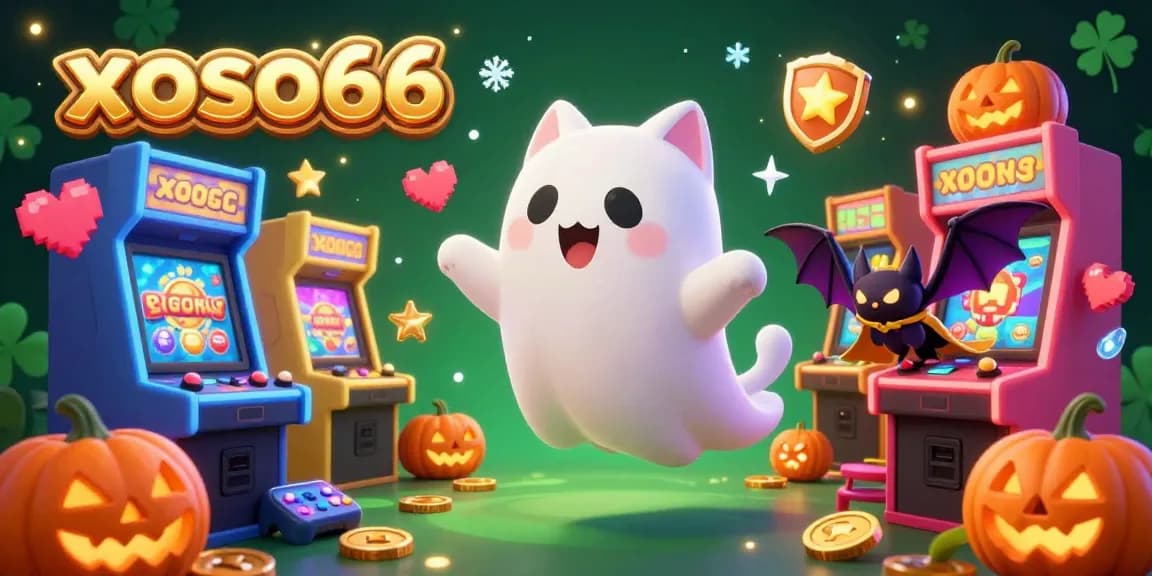 Engage in exciting gaming adventures at xoso66 with a friendly ghost cat and arcade elements glowing around a haunted casino.