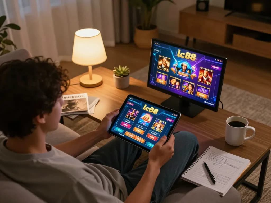 Engaging with the lc88 casino app during an exciting home gaming session.