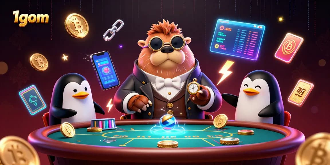 Engage with 1gom's underwater poker scene featuring a jolly walrus, penguin dealer, and pufferfish player.