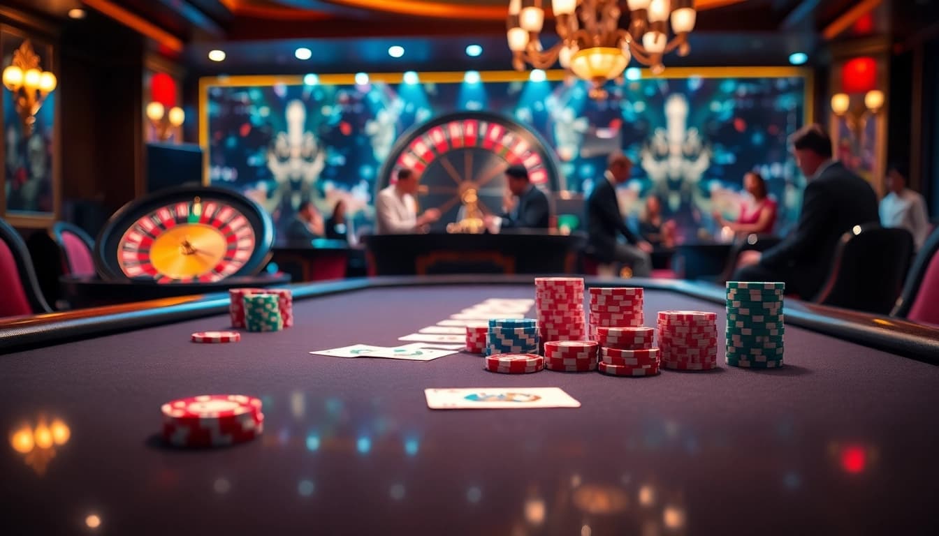 Players strategize their bets at a stylish poker table in a vibrant casino setting, capturing the essence of chotruyen and gaming excitement.