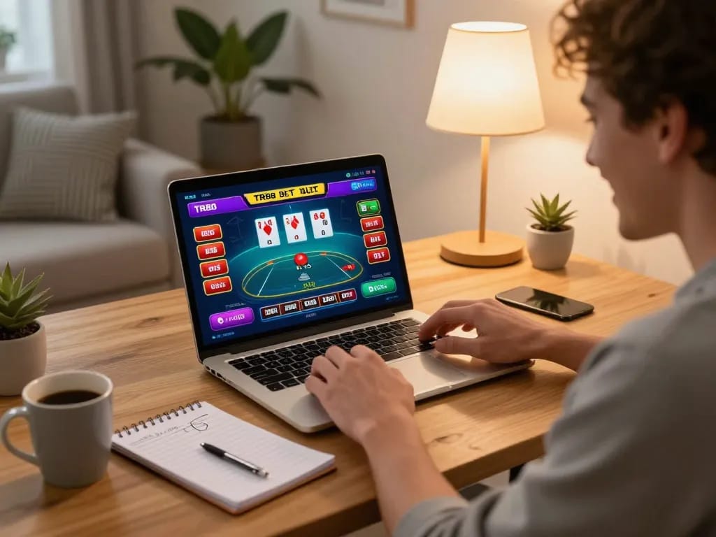 Engaging in TR88 bet online casino setup with colorful poker screens, warm home atmosphere.