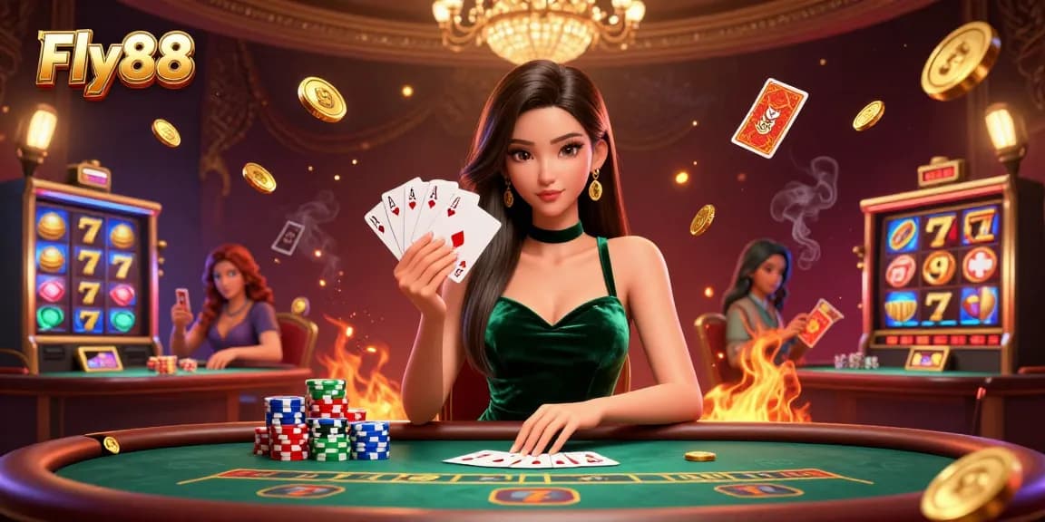 Engage with thrilling Fly88 casino gameplay featuring a beautiful Asian woman at a luxurious poker table.
