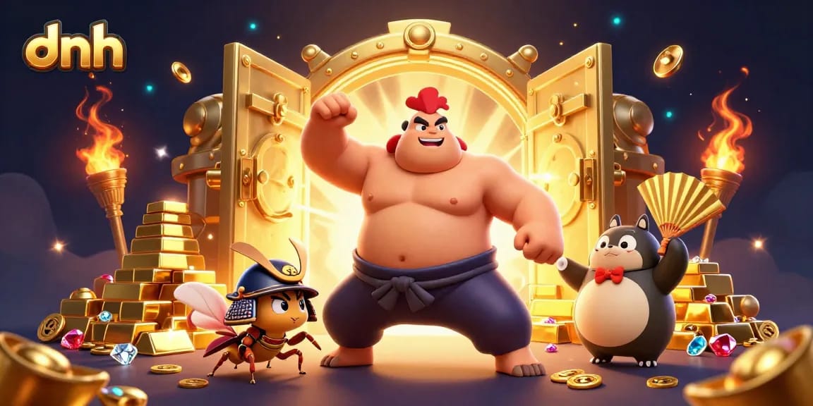 Dnh offers an exhilarating casino experience in a vibrant 3D illustration with sumo wrestler and treasures.