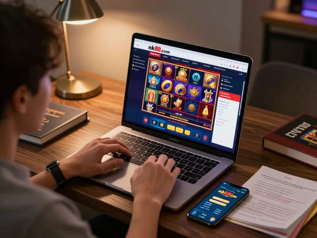 Engaged player enjoying online gaming on nk88.com with laptop and smartphone in cozy setup.