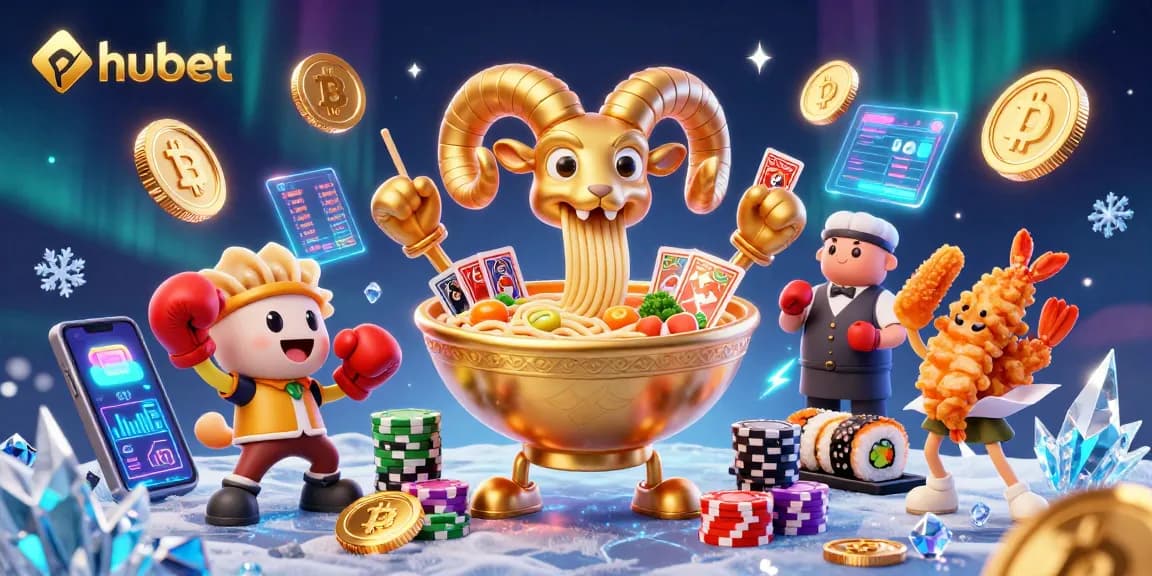 Engage with hubet as the ramen bowl character deals cards in a vibrant, dynamic casino scene.