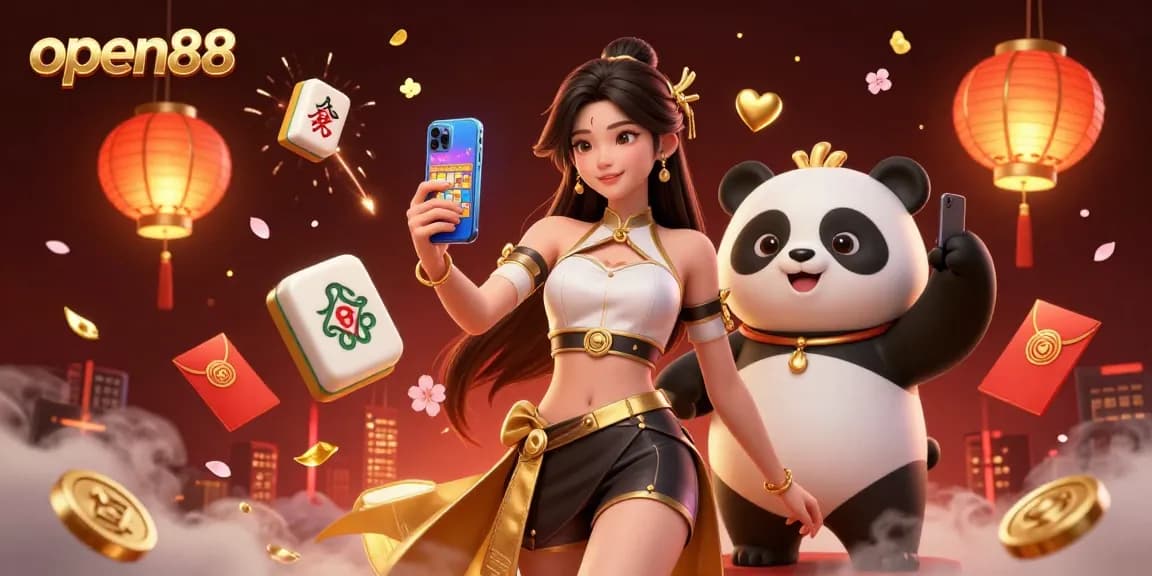 Play slots and win big with open88 in this vibrant 3D casino scene featuring a smiling Asian woman and a panda.
