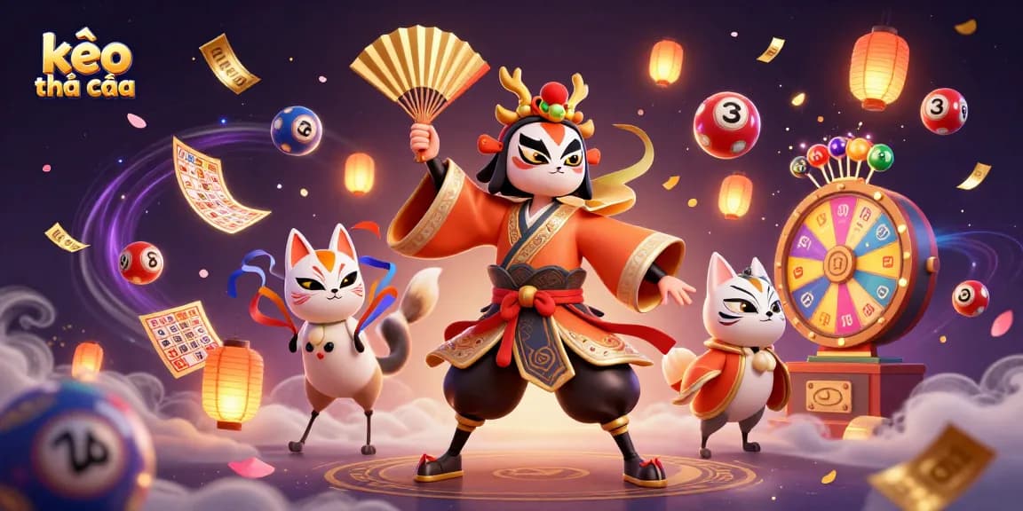 Experience the thrill with kèo nhà cái, featuring an exciting illustration of a kabuki warrior and vibrant lottery elements.