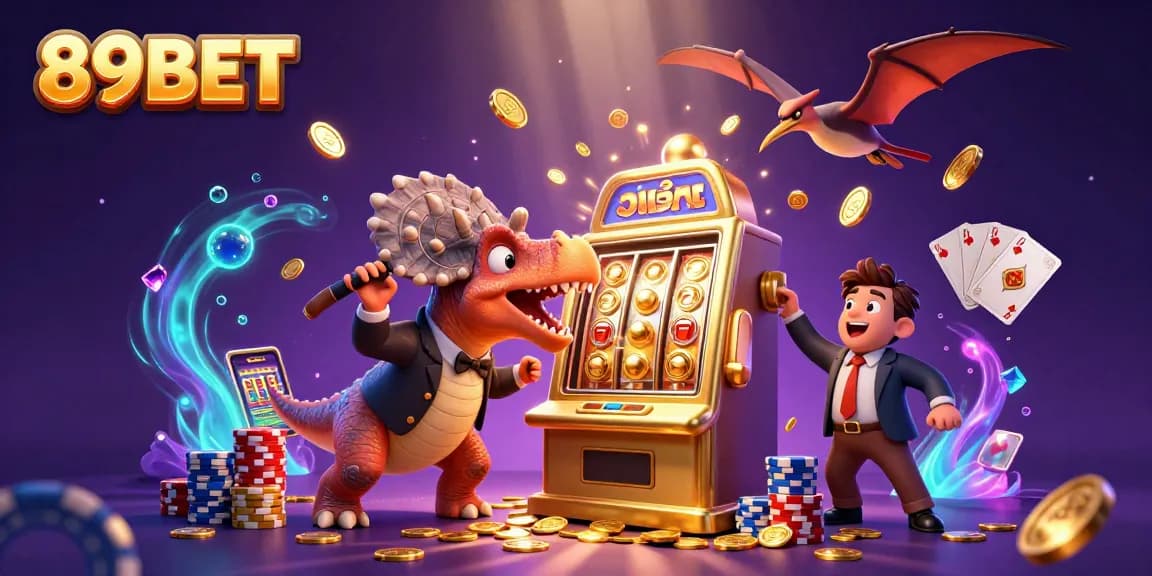 Watch the pachycephalosaurus making a jackpot win at 89BET casino amidst flying coins and vibrant games.