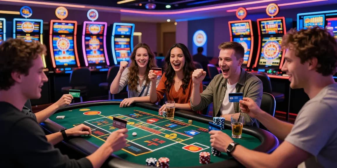 Players at credit card casinos enjoying games with excitement in a vibrant online casino setting.