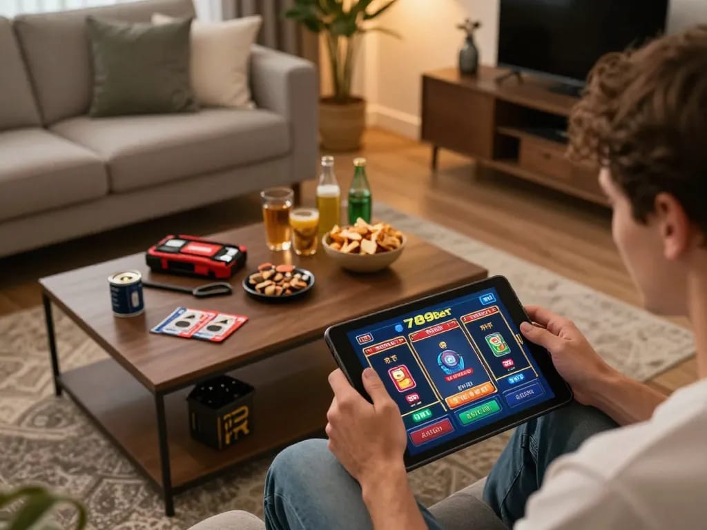 Engaged player enjoying 789bet online casino gaming on a tablet in a cozy home setup.