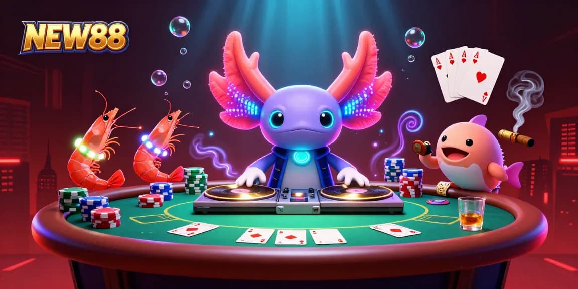 Experience the excitement of NEW88 with a vibrant illustration featuring a lively underwater casino scene.