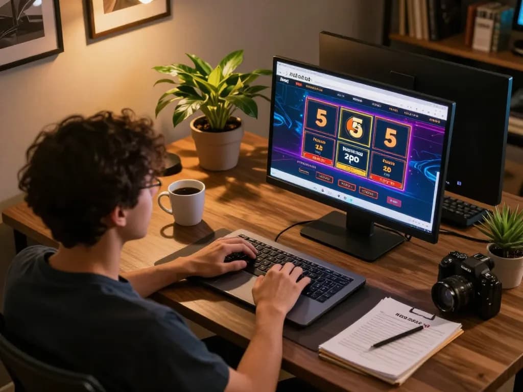 Engaging in online gaming for keo nha cai 5 with laptop setup at home, showcasing responsible gambling.