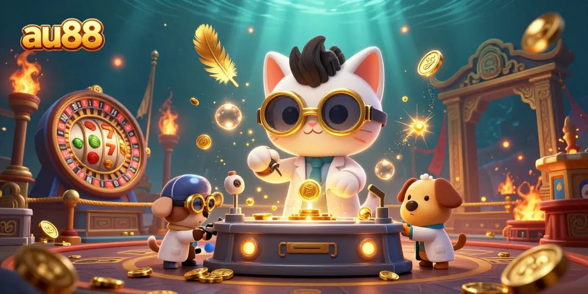 Experience excitement at au88 as a mad scientist cat creates a coin machine in a vibrant casino.