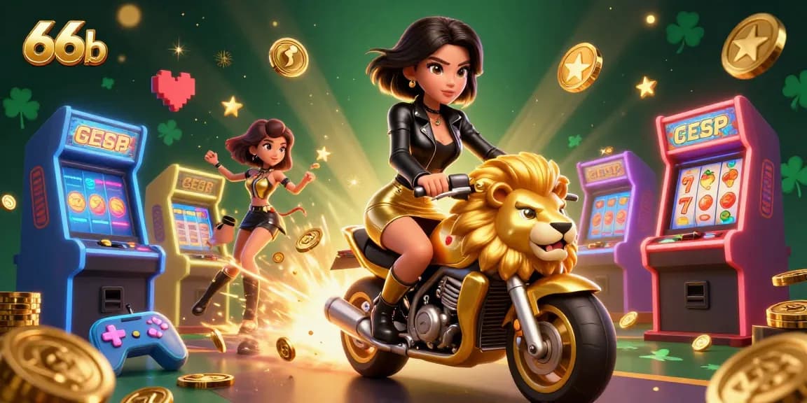 66b themed vibrant casino illustration with a glamorous character and dynamic slot elements in the background.