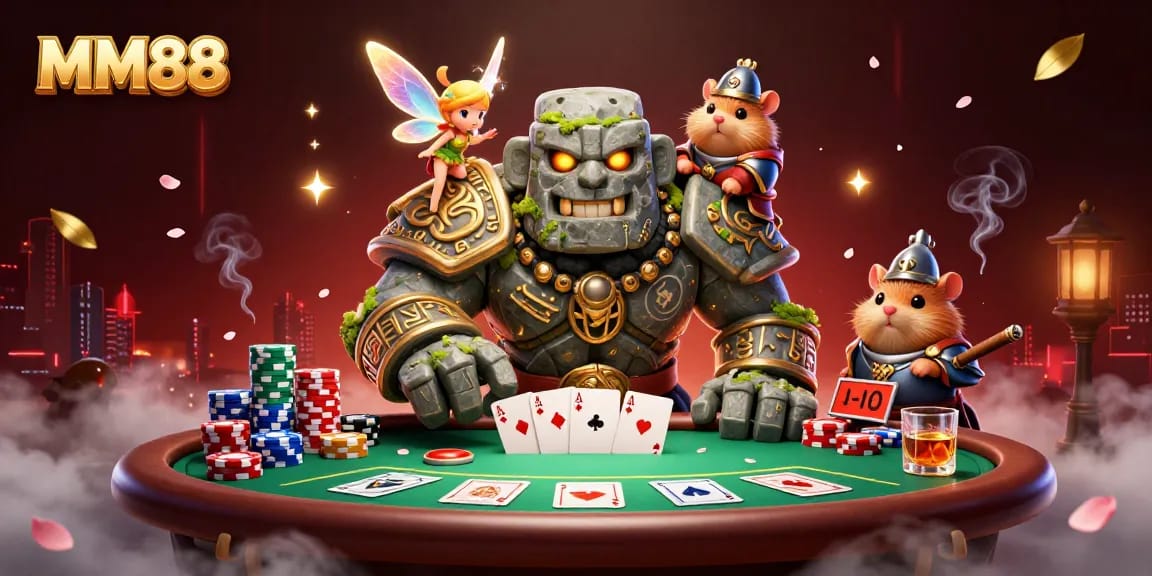 Experience the magic of MM88 with a vibrant 3D casino illustration featuring intriguing characters and poker elements.
