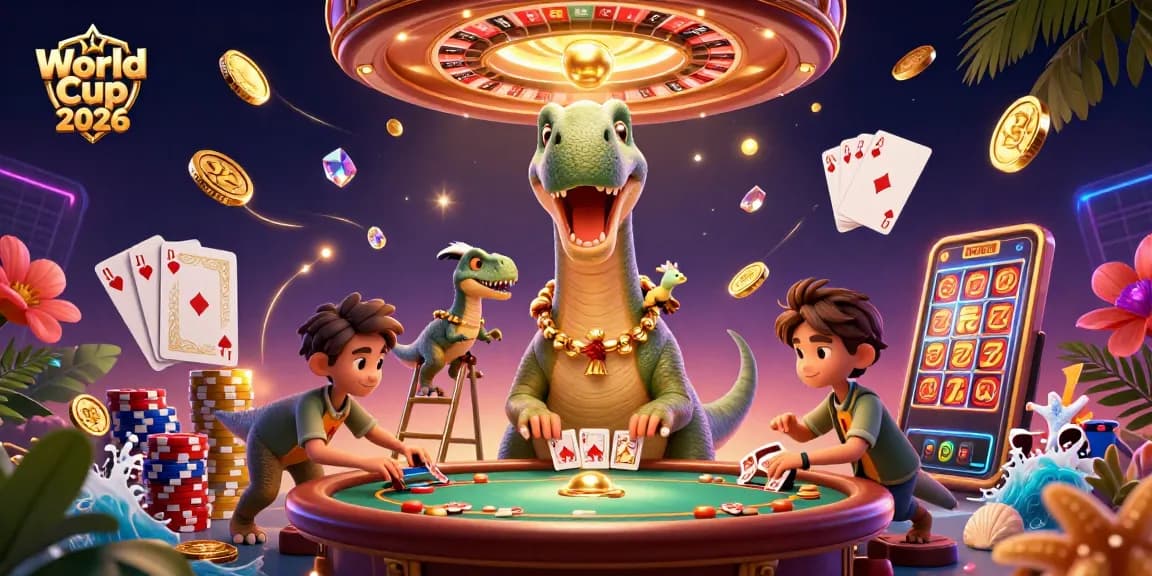 Experience the World Cup 2026 thrills with a dynamic gaming scene featuring iconic characters and casino symbols.
