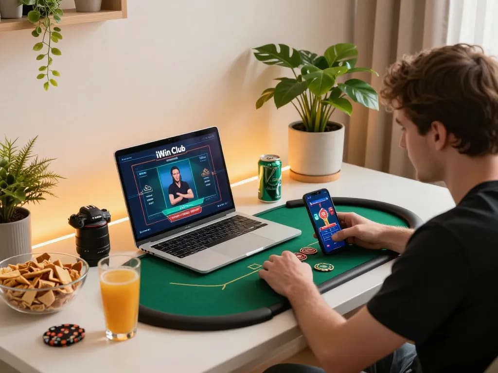 Playing poker at iwin club on a laptop, surrounded by snacks in a cozy home setup.