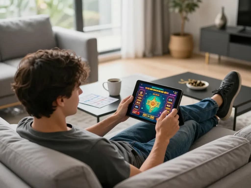 Player enjoying hytw3339 online casino games on tablet with cozy ambiance at home.