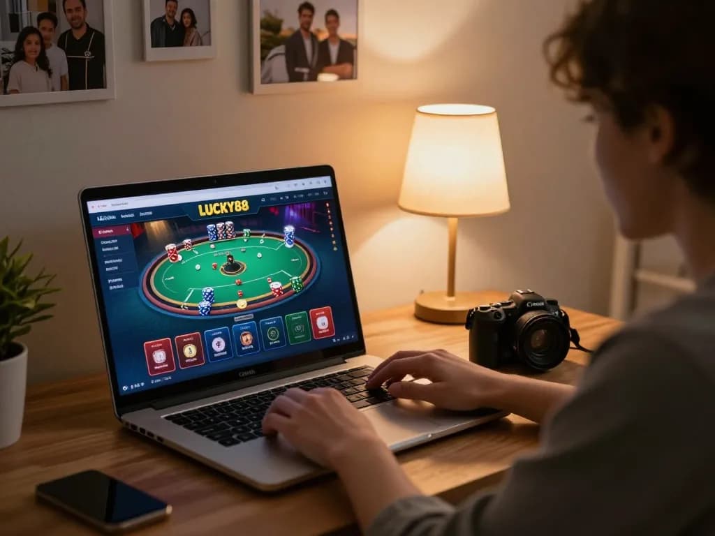 LUCKY88 player engaged in online poker from home, showcasing betting interface and gaming strategy.