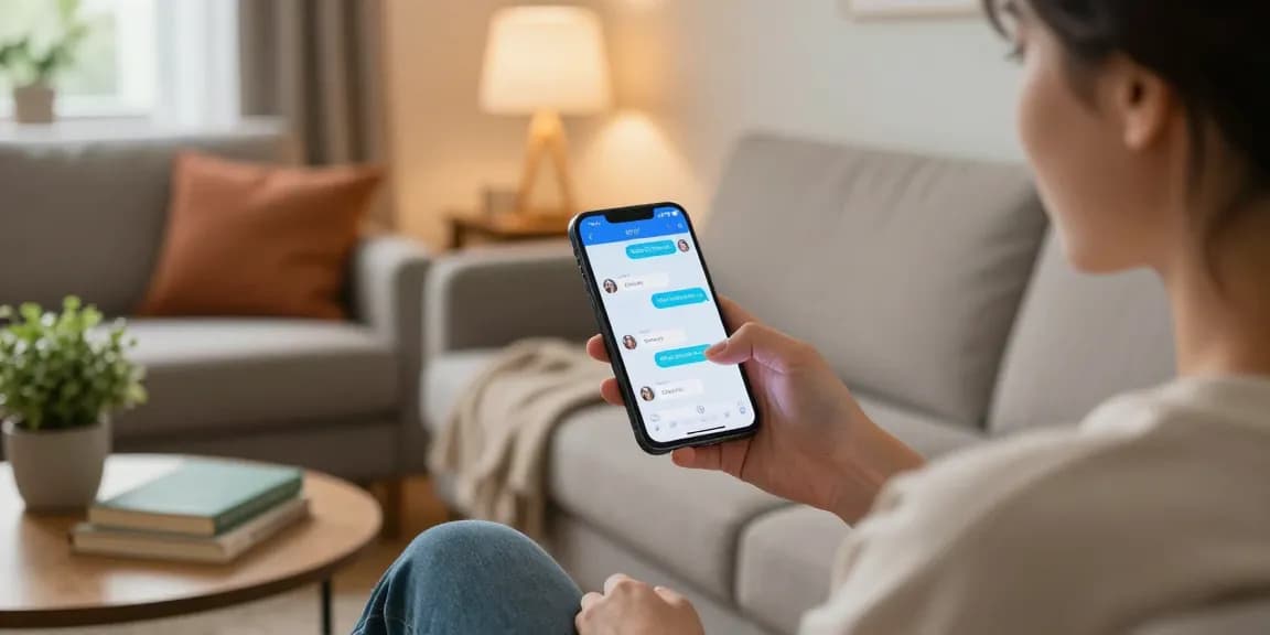 User enjoying free ai sex chat on smartphone in a cozy living room setting with warm lighting.