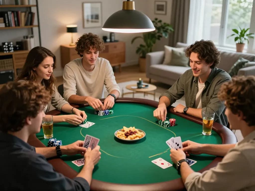 Friends enjoying an iwin poker night, holding cards and chips in a cozy home setting.