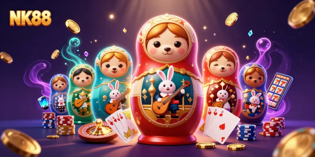 Engage with NK88's vibrant gambling experience through an enchanting 3D casino scene.