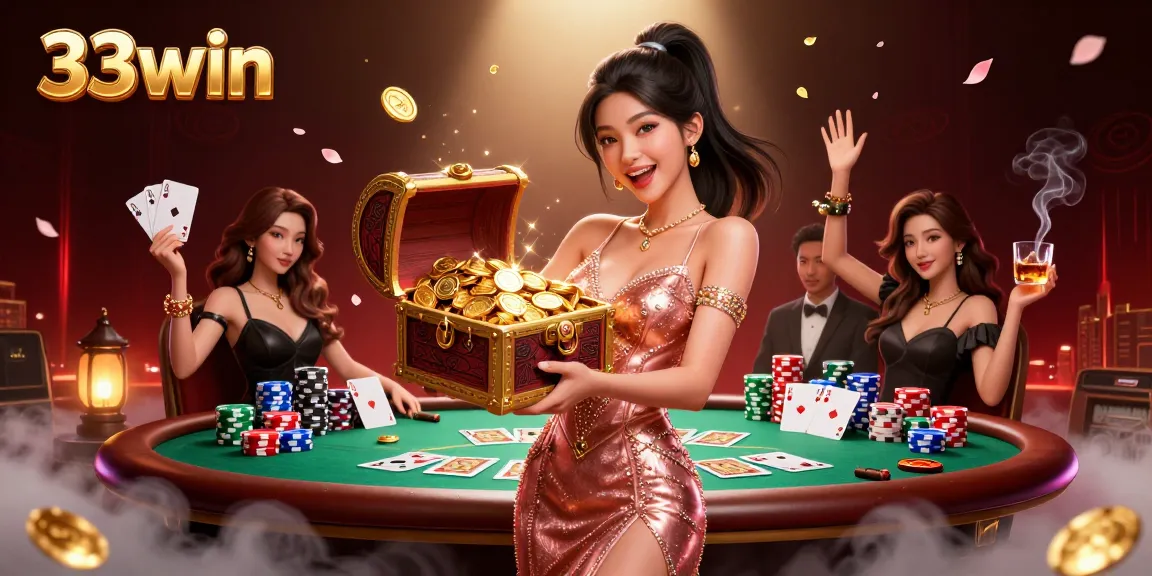A stunning 3D depiction of 33win showcasing a joyfully excited player winning at a poker table with treasures.