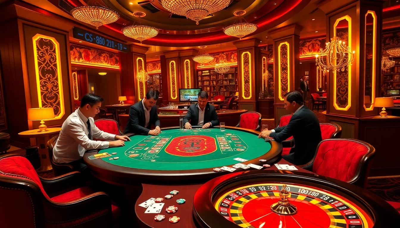 Experience thrilling LC88 BET with players at a luxurious casino table, surrounded by vibrant action.