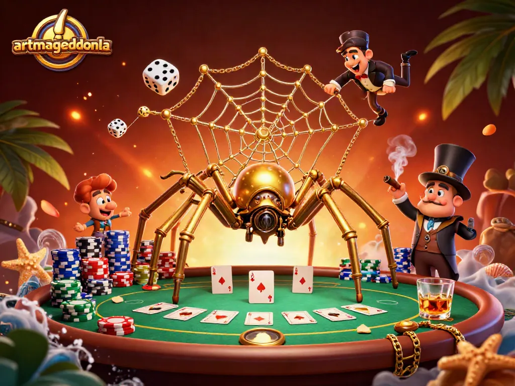 Catch lucky dice with artmageddonla's steampunk spider in a vibrant casino scene.