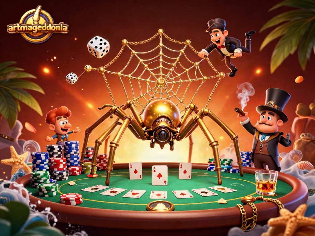 Catch lucky dice with artmageddonla's steampunk spider in a vibrant casino scene.